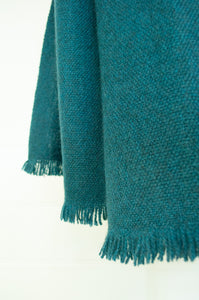 Juniper Hearth baby yak wool handwoven wrap or shawl with fringe on ends, in deep teal, peacock green blue, 100x200cm.