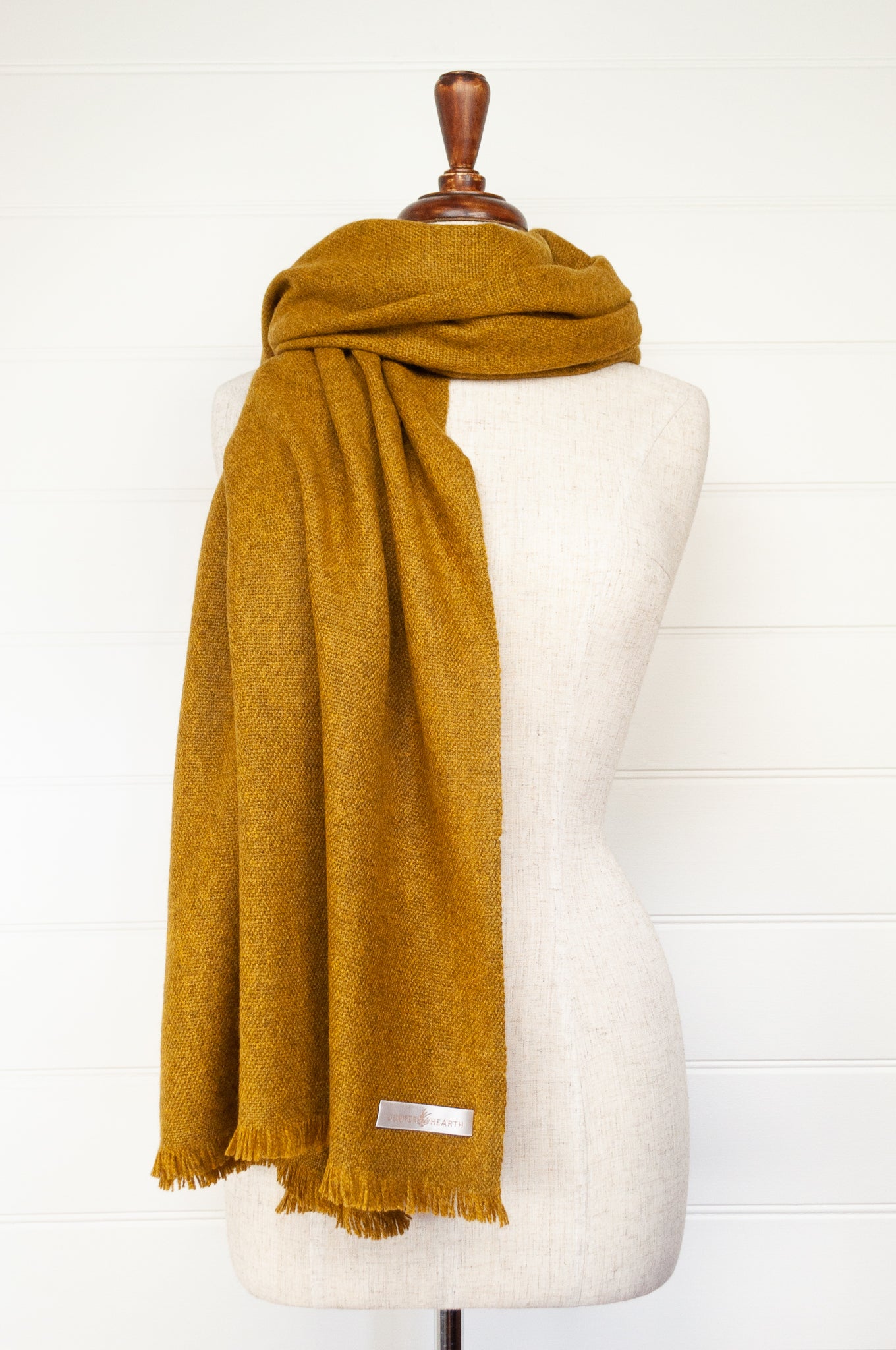 Juniper Hearth baby yak wool handwoven wrap or shawl with fringe on ends, in rich mustard yellow, 100x200cm.