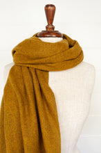 Load image into Gallery viewer, Juniper Hearth baby yak wool handwoven wrap or shawl with fringe on ends, in rich mustard yellow, 100x200cm.