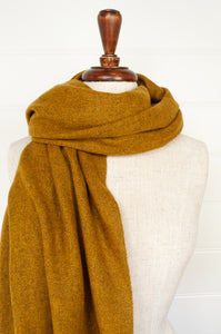 Juniper Hearth baby yak wool handwoven wrap or shawl with fringe on ends, in rich mustard yellow, 100x200cm.
