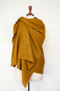 Juniper Hearth baby yak wool handwoven wrap or shawl with fringe on ends, in rich mustard yellow, 100x200cm.