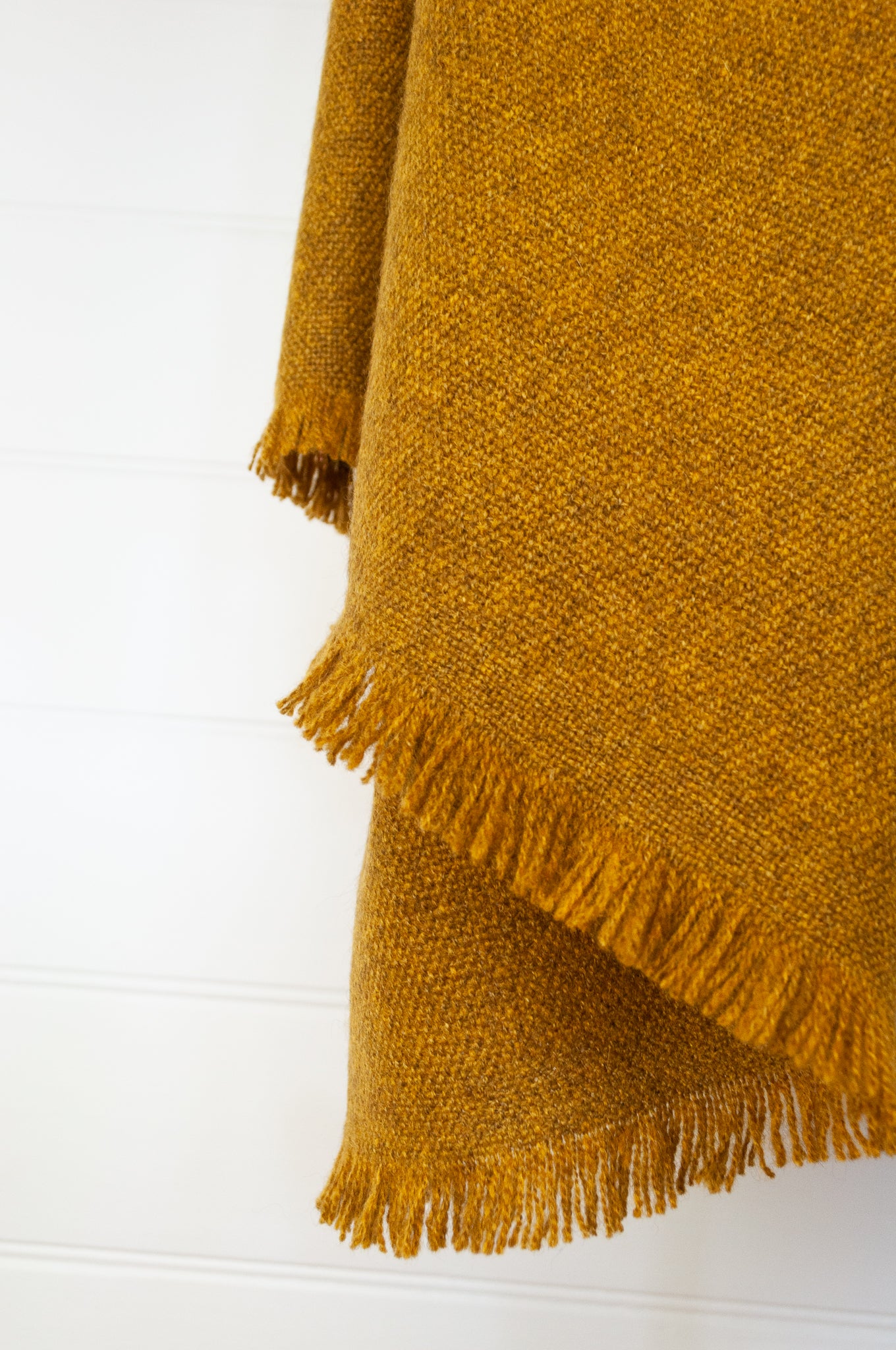 Juniper Hearth baby yak wool handwoven wrap or shawl with fringe on ends, in rich mustard yellow, 100x200cm.