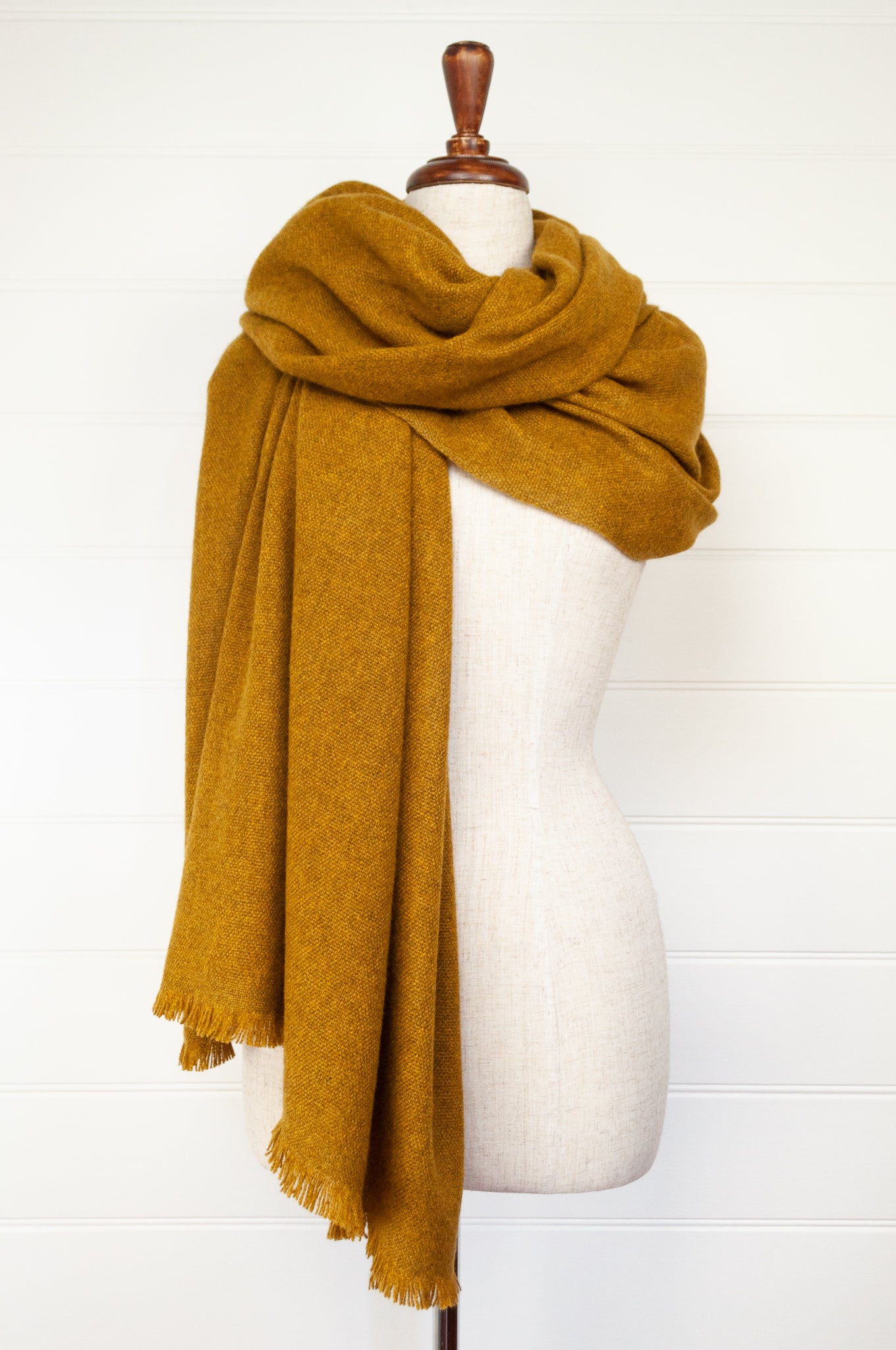 Juniper Hearth baby yak wool handwoven wrap or shawl with fringe on ends, in rich mustard yellow, 100x200cm.