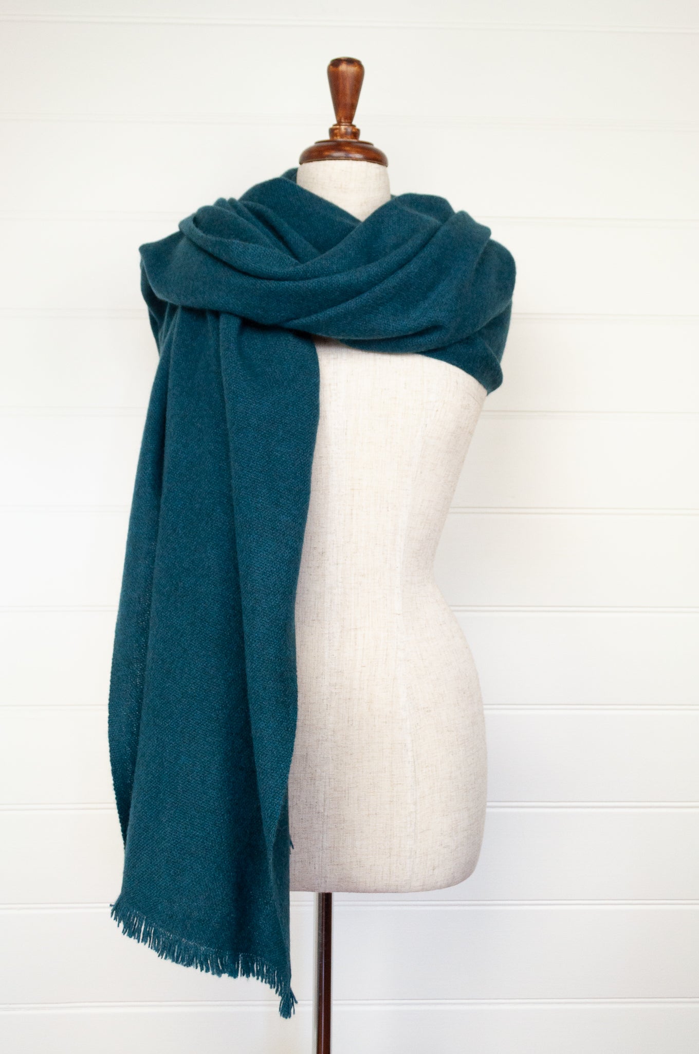 Juniper Hearth baby yak wool handwoven wrap or shawl with fringe on ends, in deep teal, peacock green blue, 100x200cm.