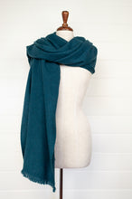 Load image into Gallery viewer, Juniper Hearth baby yak wool handwoven wrap or shawl with fringe on ends, in deep teal, peacock green blue, 100x200cm.