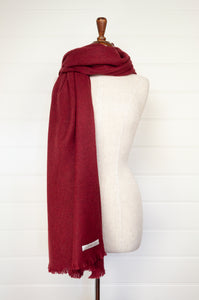 Juniper Hearth baby yak wool handwoven wrap or shawl with fringe on ends, in deep cherry red, 100x200cm.