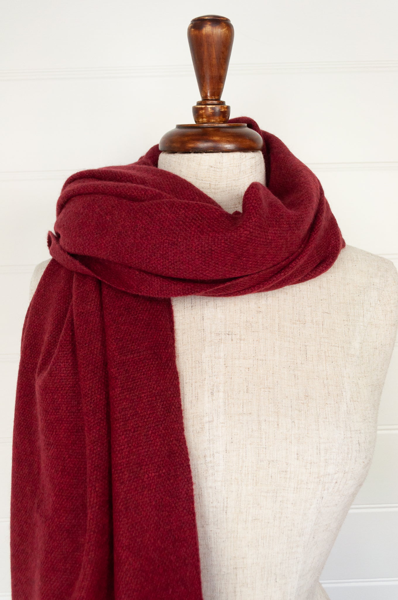 Juniper Hearth baby yak wool handwoven wrap or shawl with fringe on ends, in deep cherry red, 100x200cm.