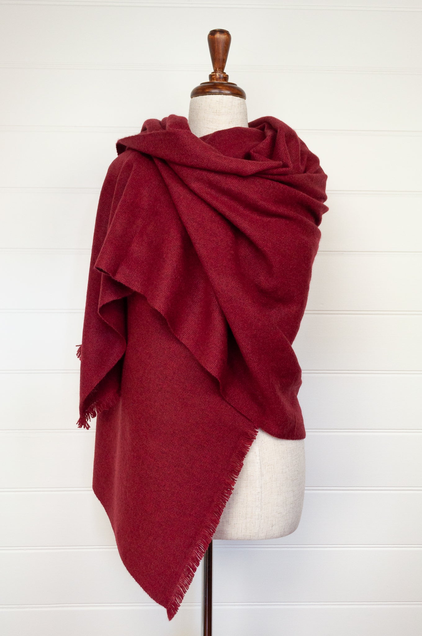 Juniper Hearth baby yak wool handwoven wrap or shawl with fringe on ends, in deep cherry red, 100x200cm.