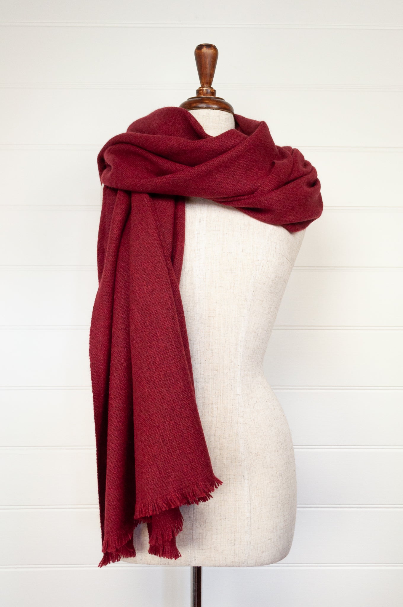 Juniper Hearth baby yak wool handwoven wrap or shawl with fringe on ends, in deep cherry red, 100x200cm.