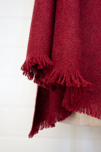 Juniper Hearth baby yak wool handwoven wrap or shawl with fringe on ends, in deep cherry red, 100x200cm.