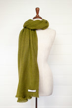 Load image into Gallery viewer, Juniper Hearth baby yak wool handwoven wrap or shawl with fringe on ends, in chartreuse, deep lime green, 100x200cm.