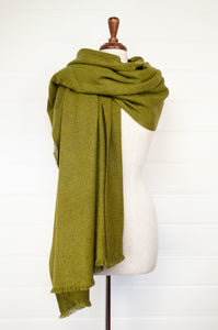 Juniper Hearth baby yak wool handwoven wrap or shawl with fringe on ends, in chartreuse, deep lime green, 100x200cm.