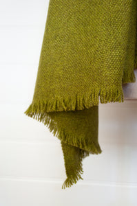 Juniper Hearth baby yak wool handwoven wrap or shawl with fringe on ends, in chartreuse, deep lime green, 100x200cm.