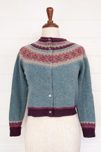 Load image into Gallery viewer, Eribe Alpine short fair isle cardigan in Old Rose,nostalgic palette of dusky aqua with accents of burgundy and oatmeal, and pops of cheerful rose pink.