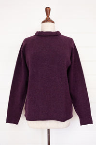 Eribe made in Scotland pure lambswool merino wool Corry raglan sweater, relaxed fit roll neck, in Black grape.