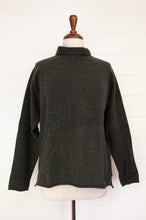 Load image into Gallery viewer, Eribe made in Scotland pure lambswool merino wool Corry raglan sweater, relaxed fit, roll neck, in Seaweed, deep olive green.