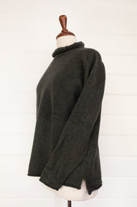 Eribe made in Scotland pure lambswool merino wool Corry raglan sweater, relaxed fit, roll neck, in Seaweed, deep olive green.
