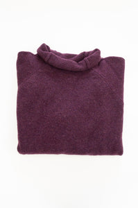 Eribe made in Scotland pure lambswool merino wool Corry raglan sweater, relaxed fit roll neck, in Black grape.