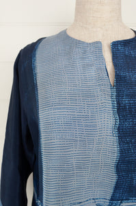 Pure silk shibori dyed silk kurta top in shades of indigo.