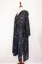 Load image into Gallery viewer, Raga Hertha dress in cotton silk, easy fit V-neck button through A-line with long sleeves, in black with ecru and burgundy highlights.
