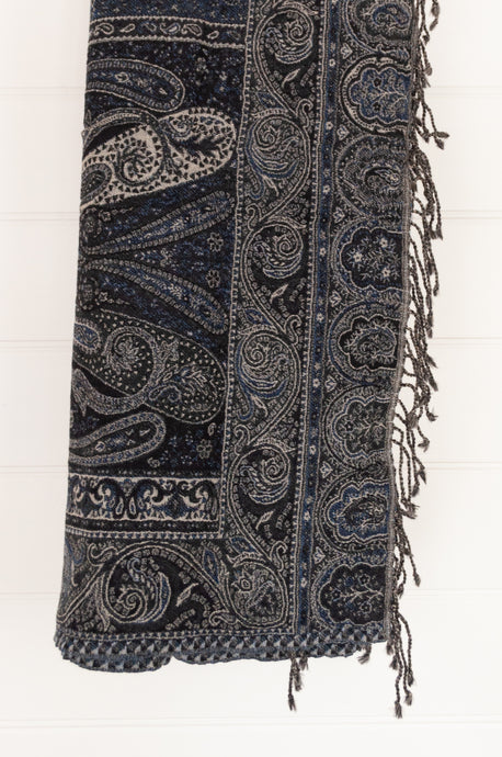 Juniper Hearth pure wool tasseled reversible throw in midnight deep indigo and black paisley.
