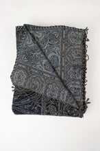Load image into Gallery viewer, Juniper Hearth pure wool tasseled reversible throw in midnight deep indigo and black paisley.