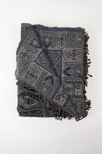 Load image into Gallery viewer, Juniper Hearth pure wool tasseled reversible throw in denim blue, indigo and charcoal grey paisley.