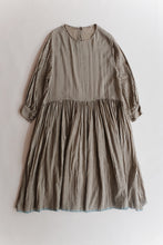 Load image into Gallery viewer, Runaway Bicycle Yini dress in cotton silk beige stripe, long sleeves gathered skirt.