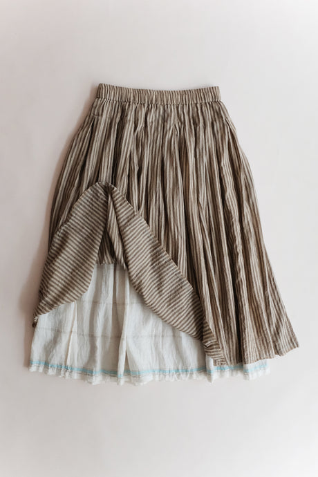 Runaway Bicycle Gayle skirt, reversible in cotton silk, beige stripe and blue on white stripe.