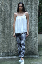 Load image into Gallery viewer, Dve elastic waist easy fit Rooma pants in black white and brown plaid linen.