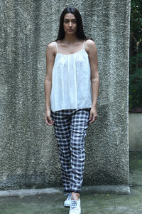 Dve elastic waist easy fit Rooma pants in black white and brown plaid linen.