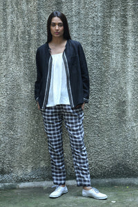 Dve elastic waist easy fit Rooma pants in black white and brown plaid linen.