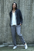 Load image into Gallery viewer, Dve elastic waist easy fit Rooma pants in black white and brown plaid linen.