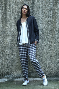 Dve elastic waist easy fit Rooma pants in black white and brown plaid linen.