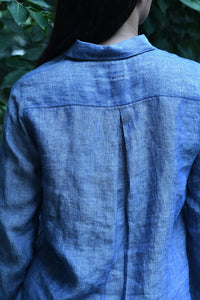 Dve Collection Vamika linen blue chambray button up shirt. 