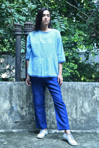 Dve Collection handloom jamdani weave cotton Padma top in light indigo.