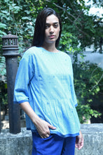 Load image into Gallery viewer, Dve Collection handloom jamdani weave cotton Padma top in light indigo.