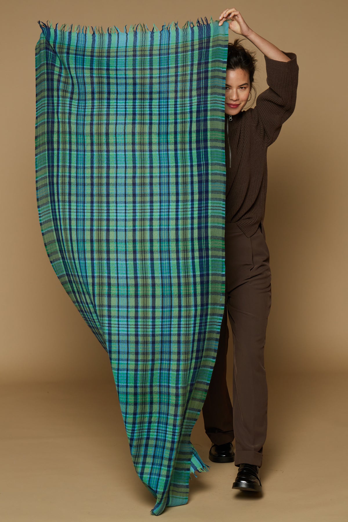 Inoui Editions pure wool scarf Claude plaid in shades of green.