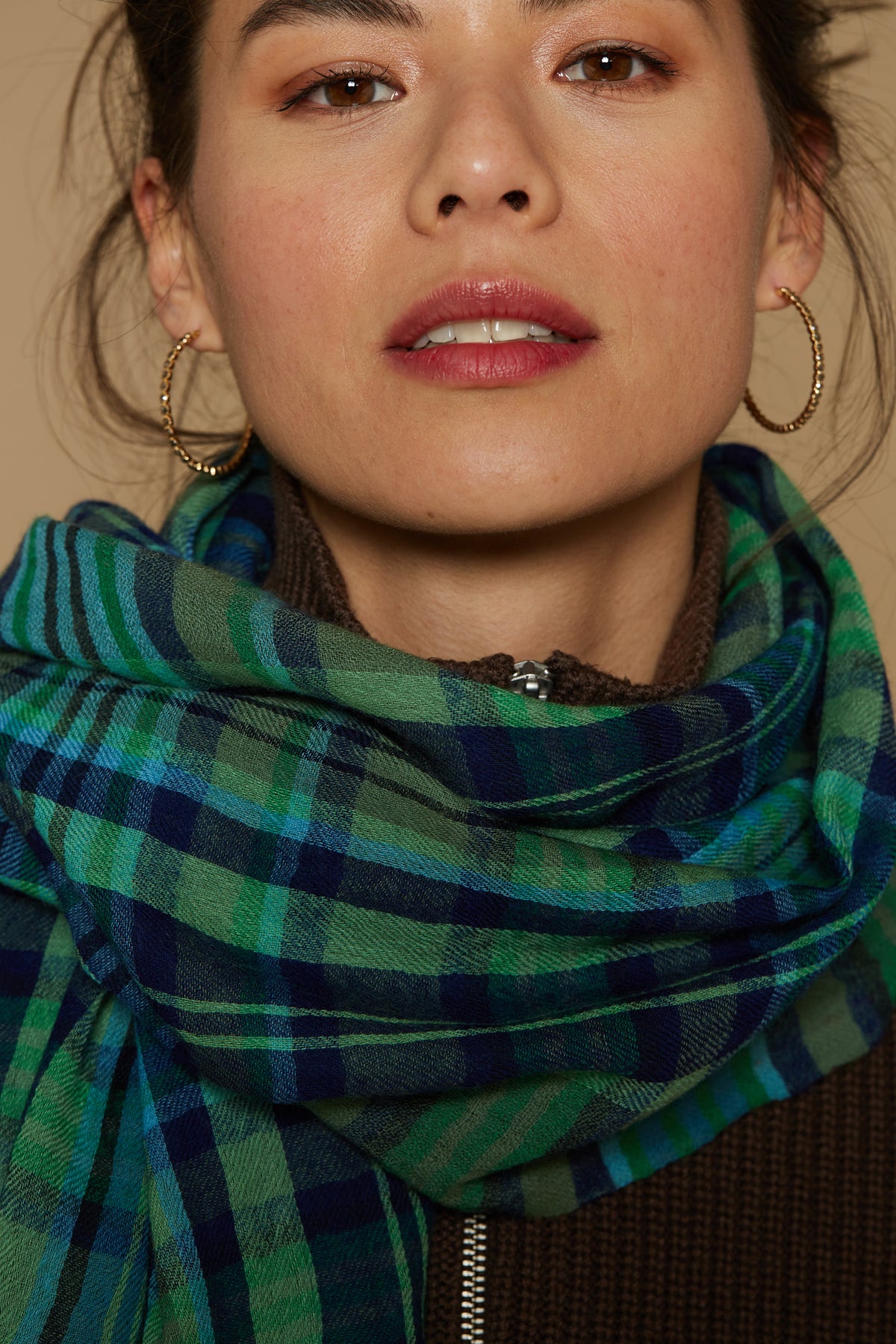 Inoui Editions pure wool scarf Claude plaid in shades of green.