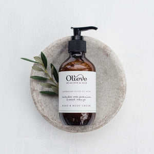 Olieve and Olie lavender, rose geranium and sweet orange hand and body cream, all natural and organic ingredients.