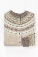 Load image into Gallery viewer, Eribé made in Scotland fair isle Alpine cardigan in Edelweiss, pale oatmeal with soft blue grey, ecru and mushroom accents.