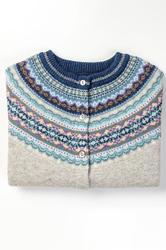 Eribe Alpine short fair isle cardigan in Arctic, cool grey and shades of blue.