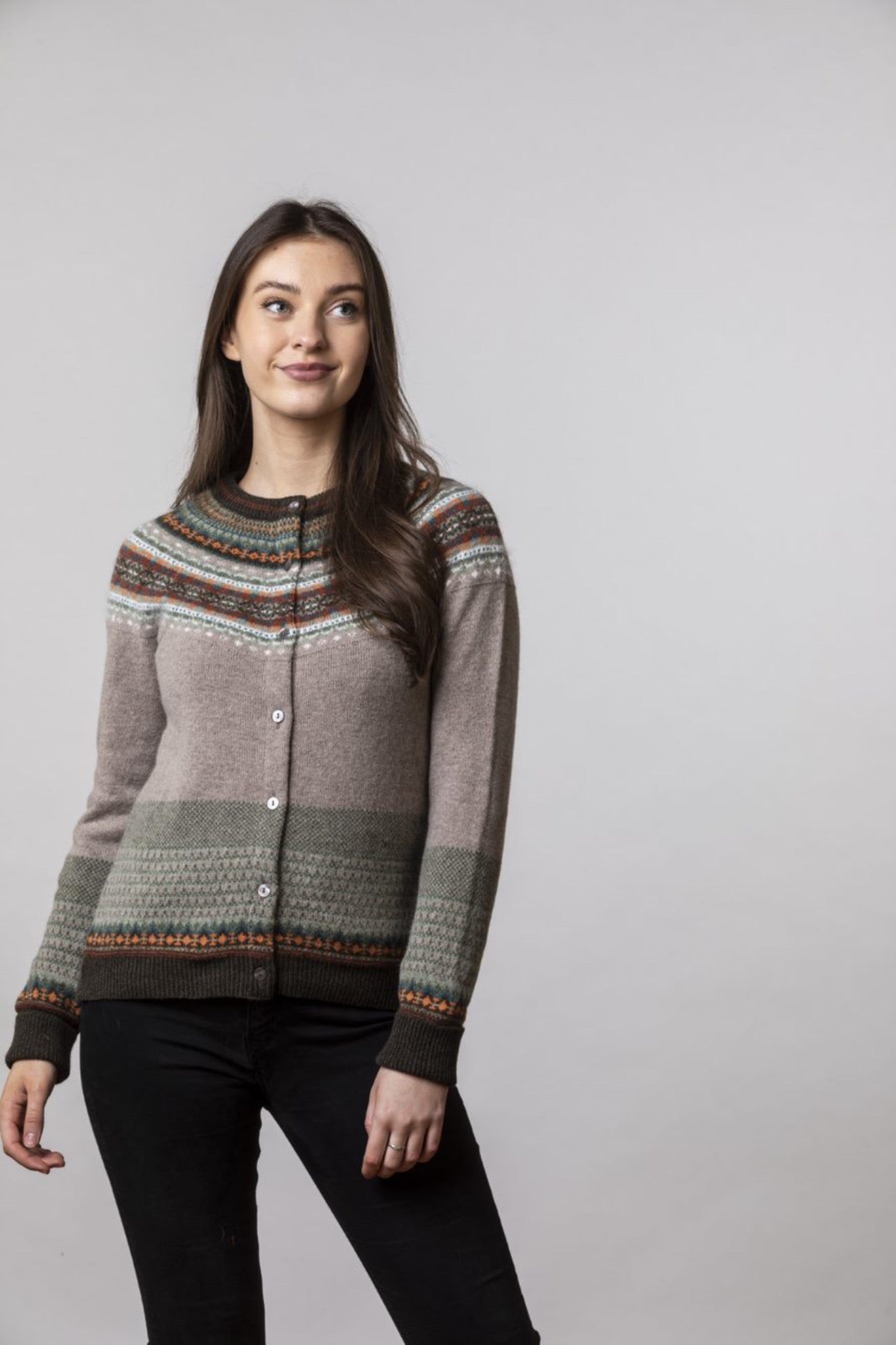 Eribé made in Scotland Alpine cardigan, fairisle knit in oatmeal, with chocolate, orange and aqua highlights.