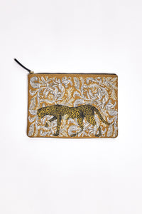 Inoui Editions Eugene embroidered zippered pouch - leopard in yellow and black on saffron yellow background.