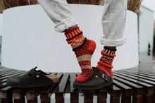 Load image into Gallery viewer, Solmate socks recycled cotton mismatching Fire in Black, Red, Gold, Gray, Orange &amp; Burgundy.
