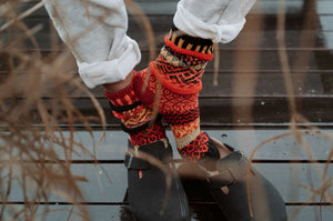 Solmate socks recycled cotton mismatching Fire in Black, Red, Gold, Gray, Orange & Burgundy.