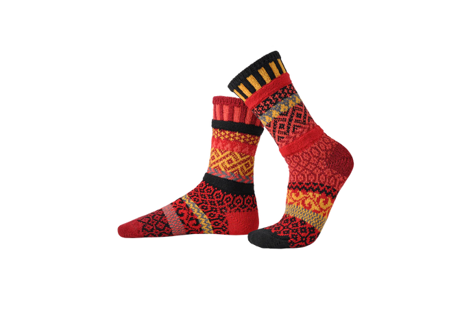 Solmate socks recycled cotton mismatching Fire in Black, Red, Gold, Gray, Orange & Burgundy.