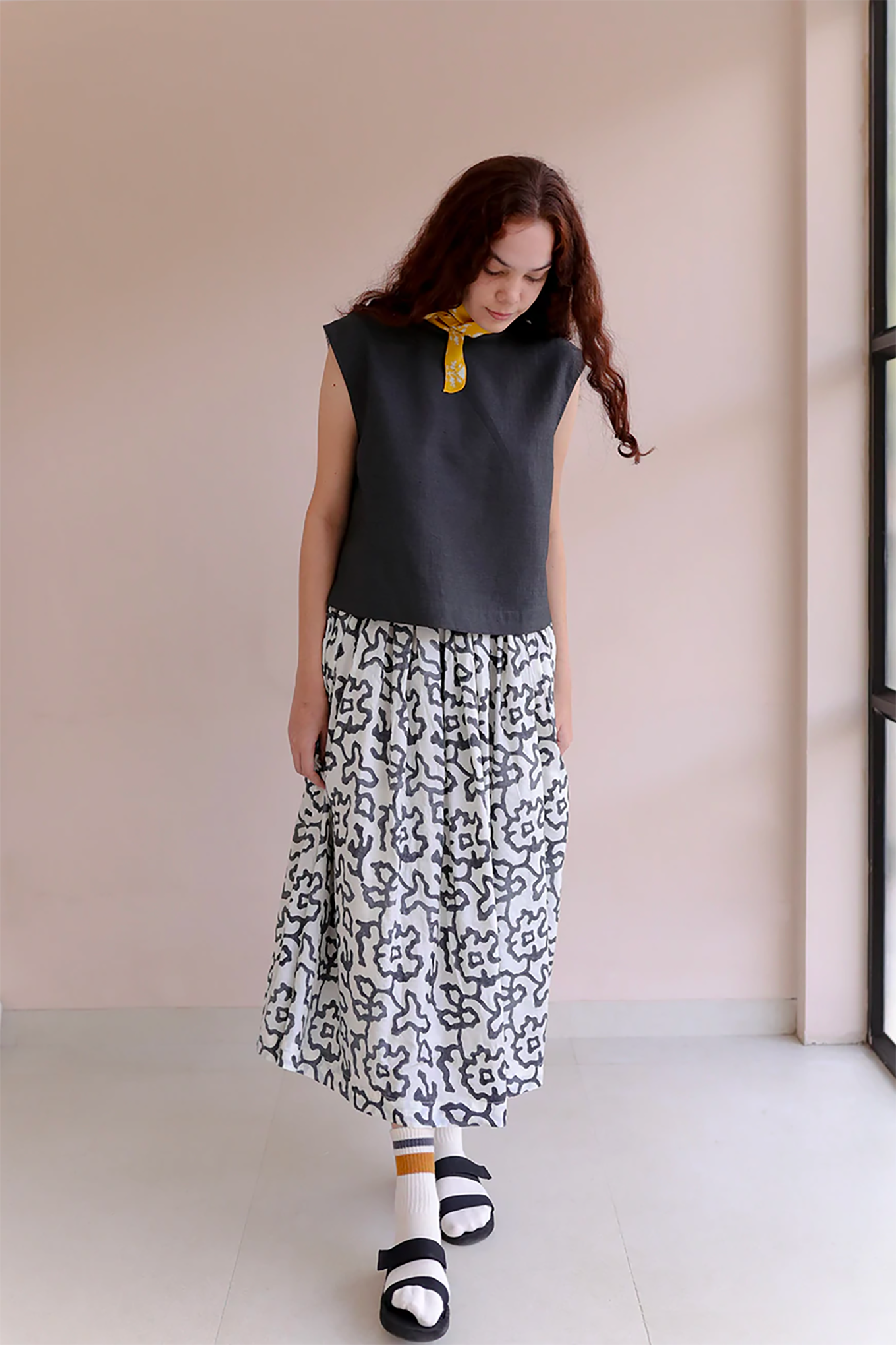 Runaway Bicycle Gina skirt, white handloom silk with black abstract floral blockprint.