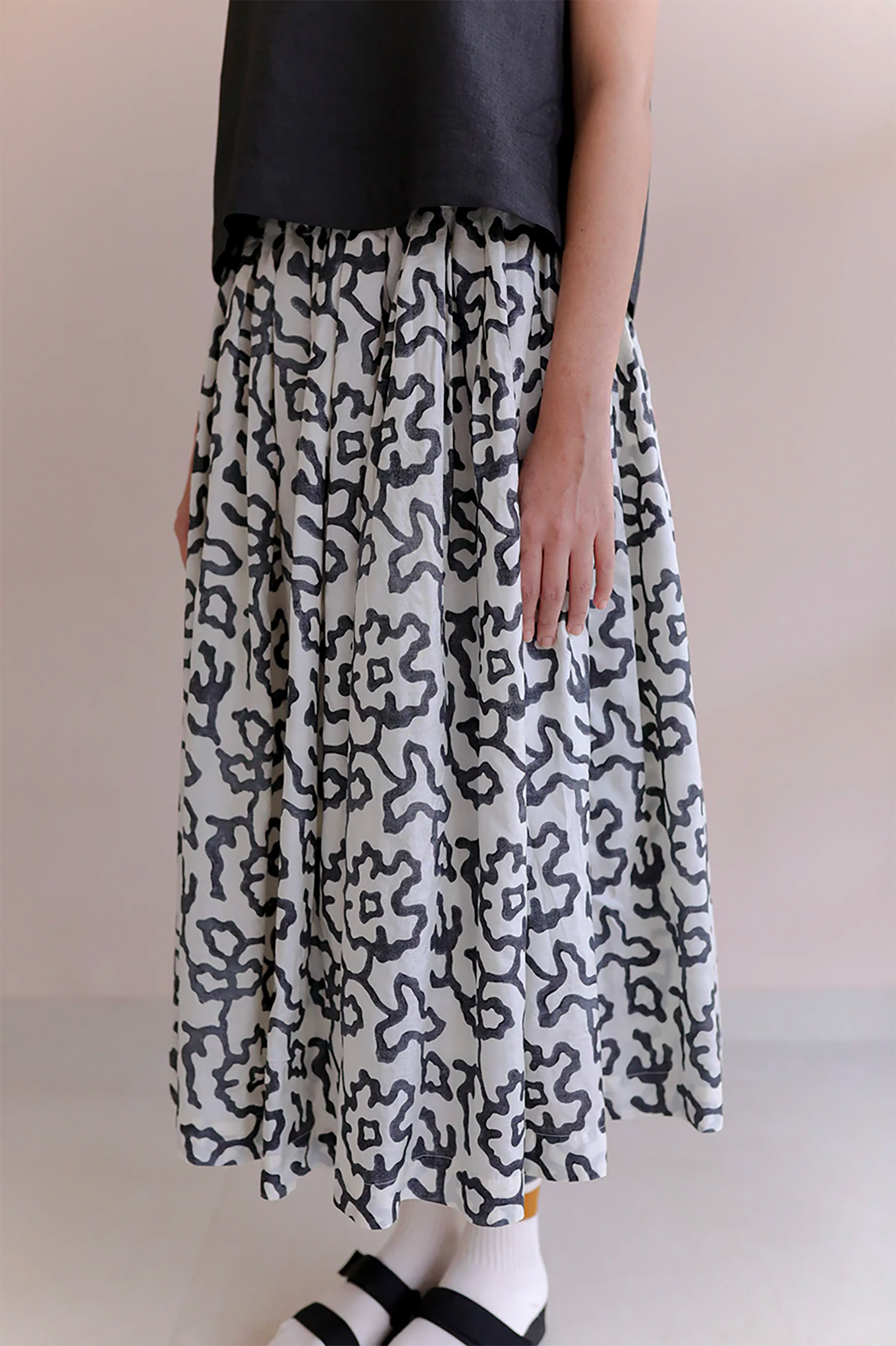 Runaway Bicycle Gina skirt, white handloom silk with black abstract floral blockprint.
