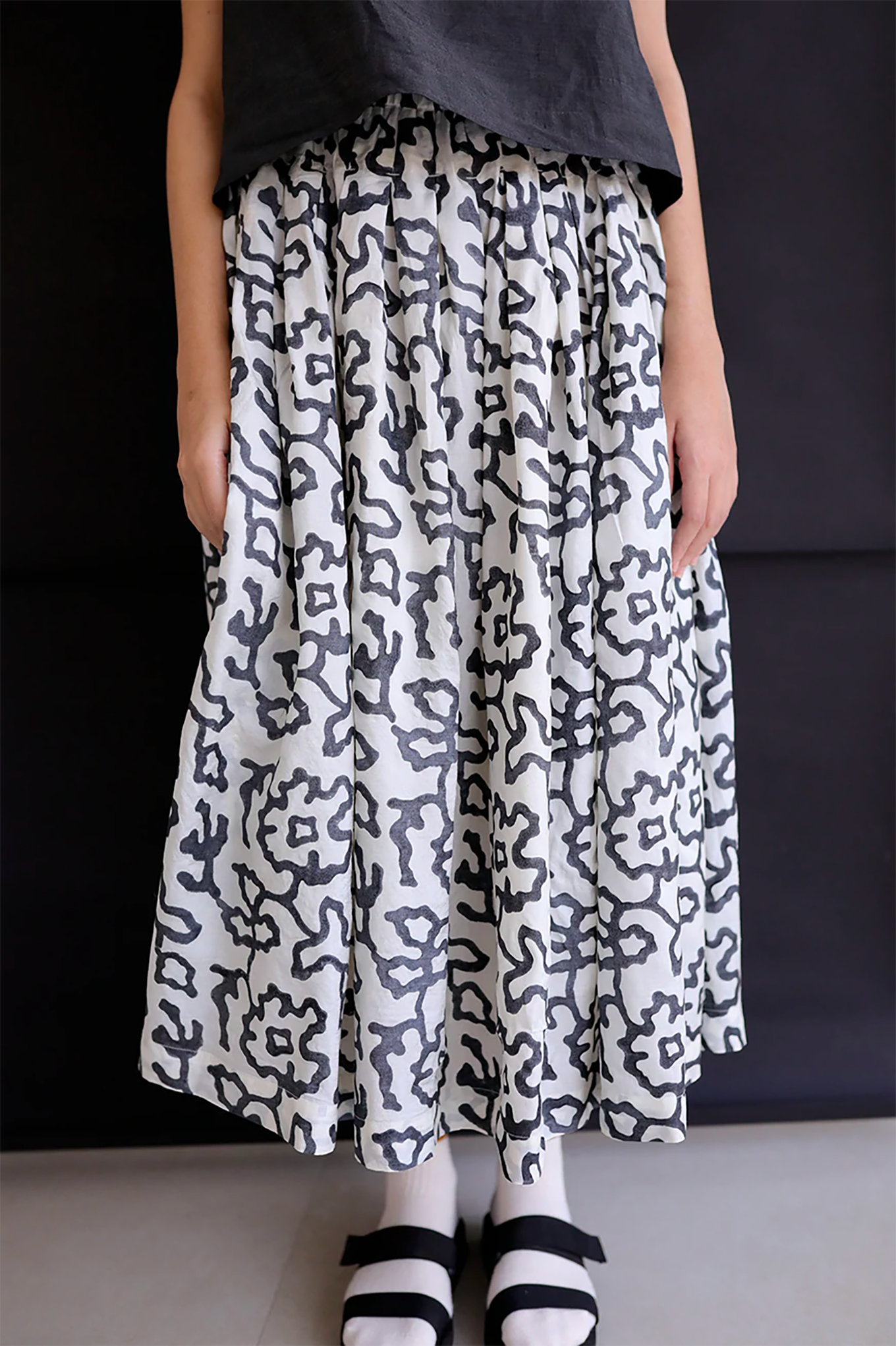 Runaway Bicycle Gina skirt, white handloom silk with black abstract floral blockprint.